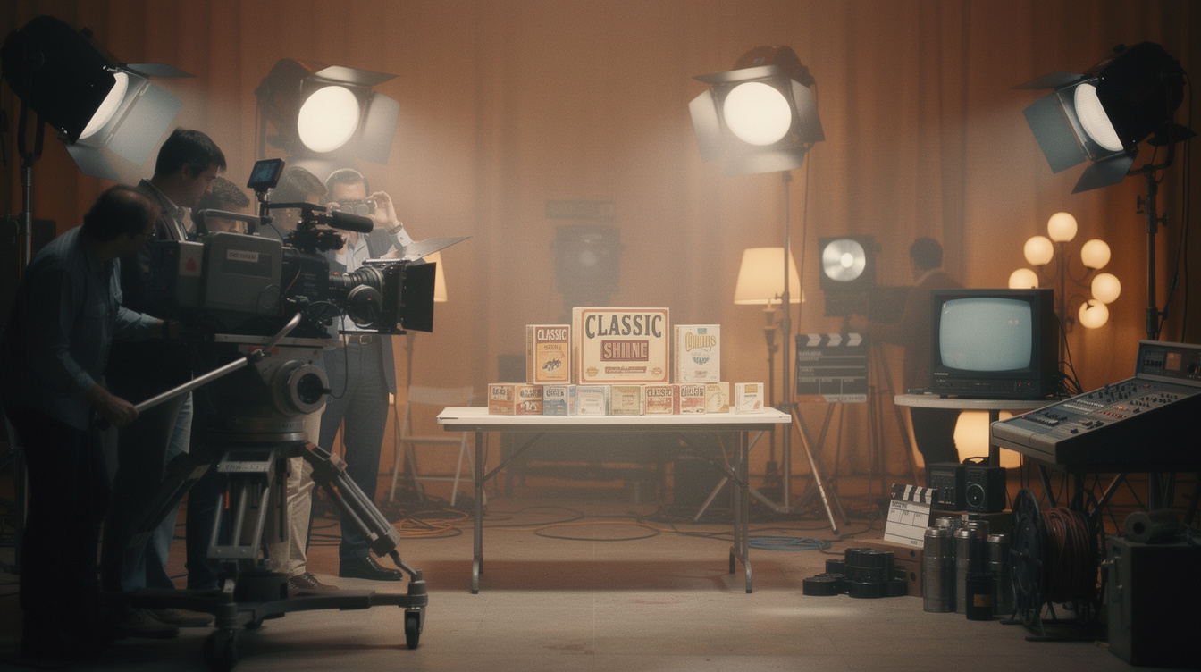 Filmteam dreht einen Werbespot im Studio mit Kamera und Scheinwerfern